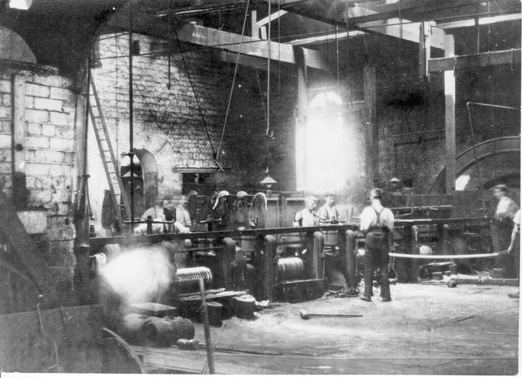 Photograph of steel rolling at Wisewood Forge rolling mill in 1925